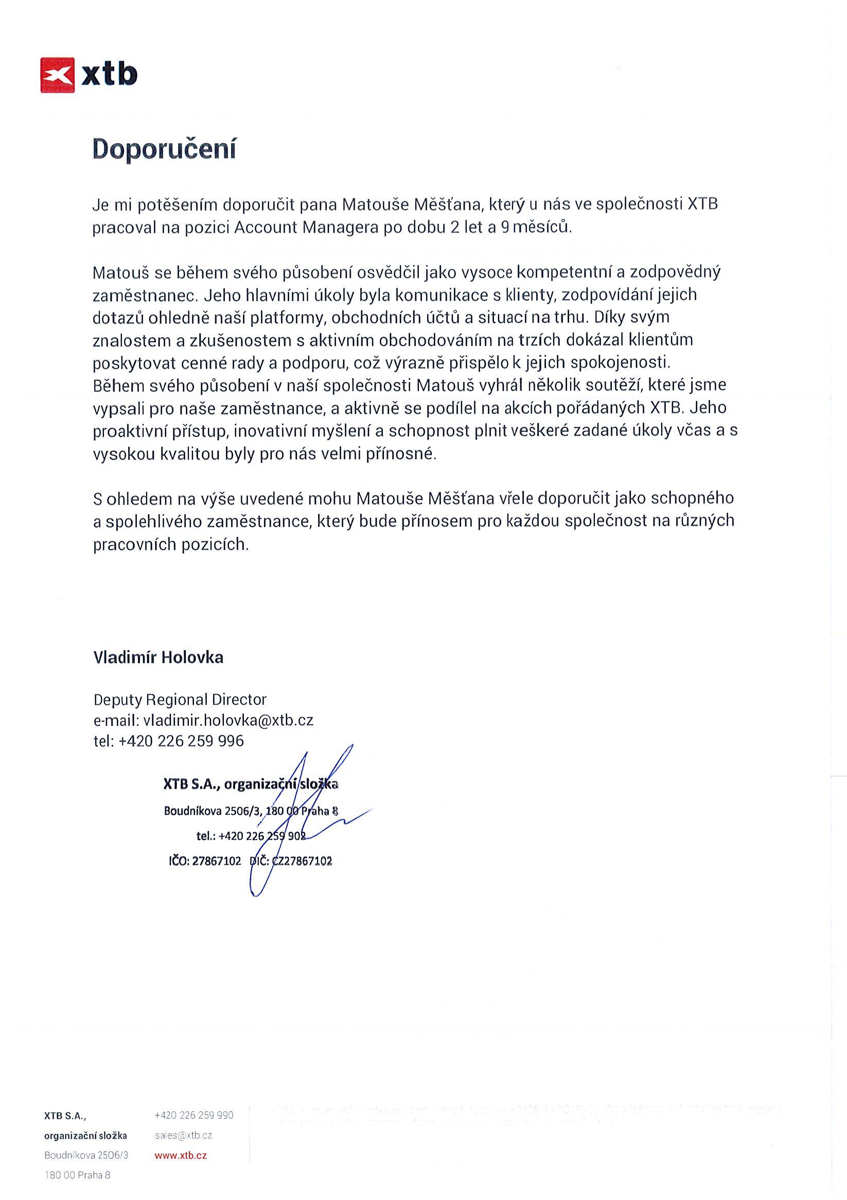 Doporučující dopis z XTB od Vladimíra Holovky
